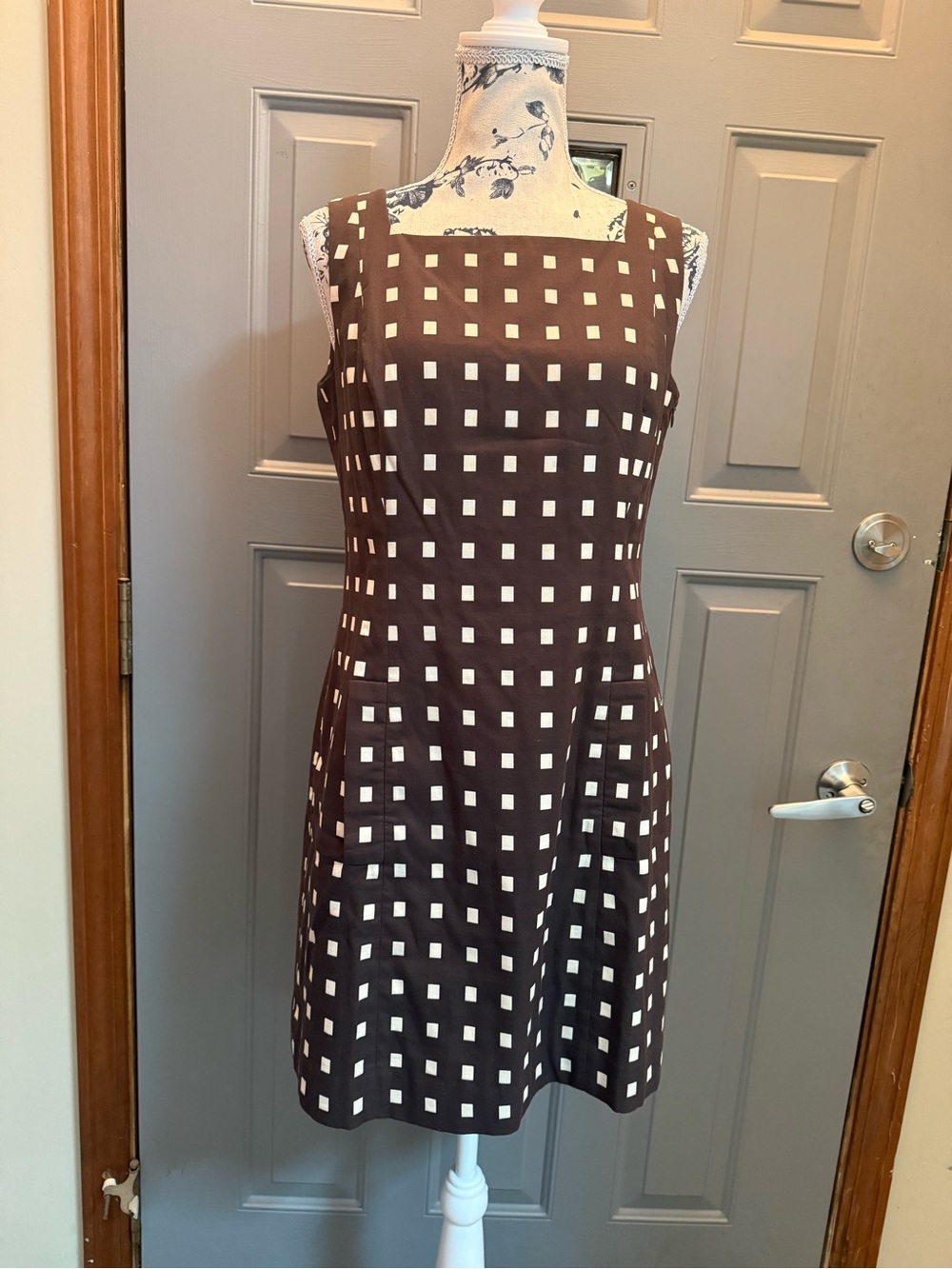 Ann Taylor (6Pet)-Square-Neck Brown & Cream geometric A-Line Dress-pockets!